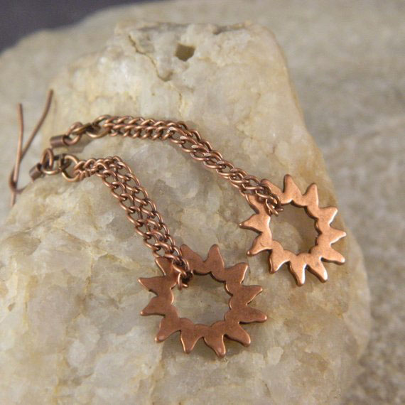 Copper Star and Sun Chain Dangle Earrings